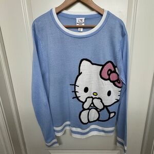 NEW Hello Kitty Sweater (L) Light Knit Blue Large Graphic Varsity Hem Sanrio NWT
